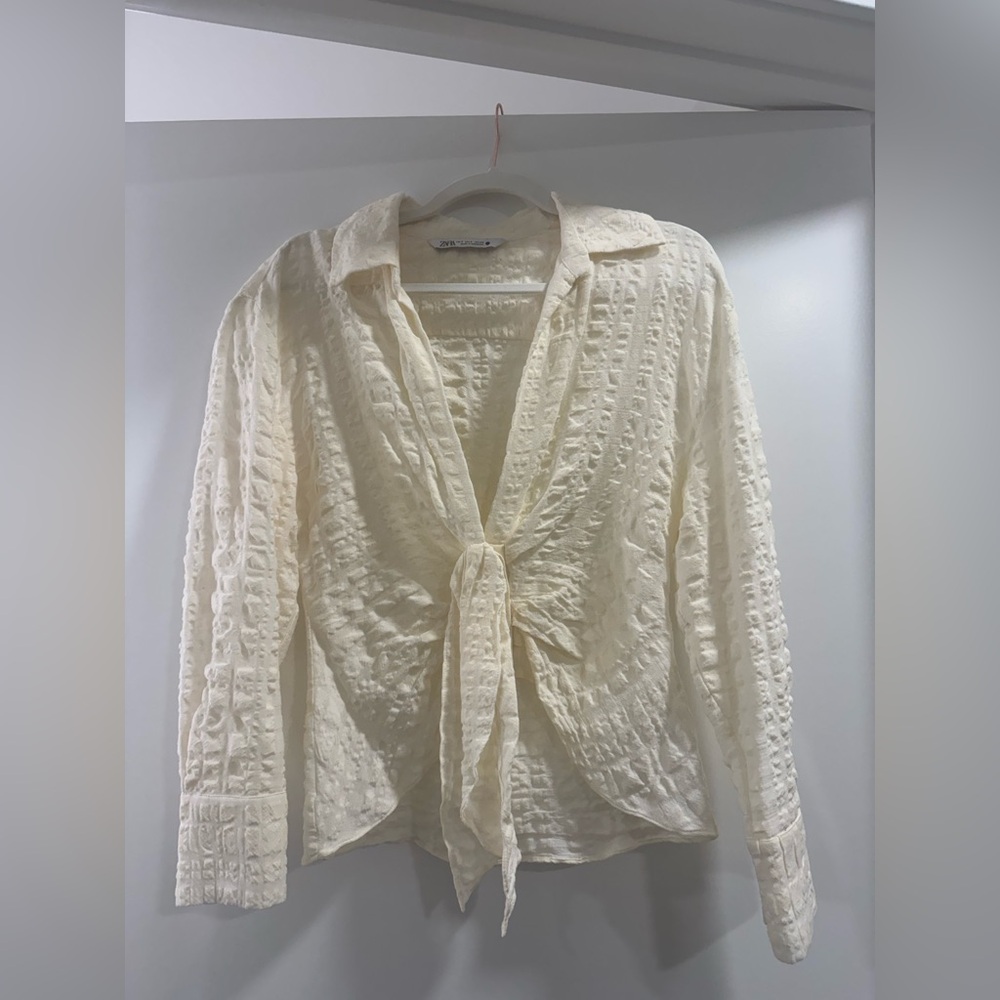 Zara Cream Textured Tie-Front Blouse